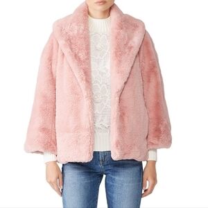 Josie Natori Boxy Soft Pink Plush Faux Fur Coat Shawl Collar Wide Sleeves Sz M